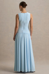 Outline | Powder Blue Crew-Neck Maternity Maxi Dress With Pleated Skirt