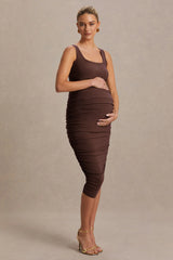 Lisbon | Brown Maternity Square Neck Ruched Midi Dress
