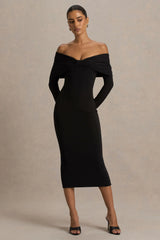 Spark | Black Bardot-Neck Midi Dress With Bow Detail