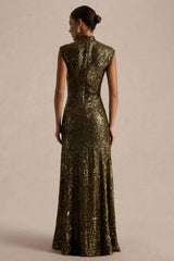 Cecy | Khaki Sequin High-Neck Maxi Dress With Cap Sleeves