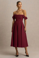 Cosima | Burgundy Bardot-Neck Midi Dress