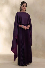 Loradia | Dark Plum Satin Round-Neck Maxi Dress With Cape-Sleeves And Pleated-Skirt