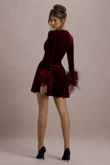 Pasilla | Port Velvet Plunge-Neck Feather Trim Mini Dress