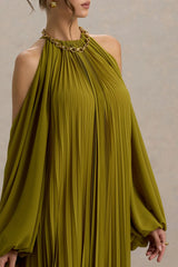 Reyna | Olive Pleated Chiffon Cold-Shoulder Maxi Dress