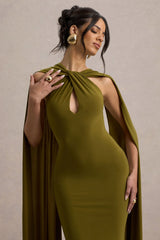 Rhoda | Green Twist Halter-Neck Cape Maxi Dress