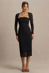 Alissa | Black Lace Square-Neck Midi Dress