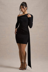 Savita | Black Ruched Asymmetric Mini Dress With Drape