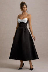 Wintour | Black Satin Sweetheart Midi Dress