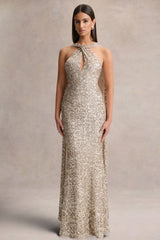 Renelle | Gold Sequin Halter-Neck Maxi Dress