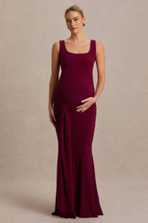 Baylin | Burgundy Square-Neck Maternity Maxi Dress With Ruched Detailing And Sash