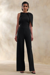Quinley | Black Asymmetric-Neck Jumpsuit With Cape-Sleeve