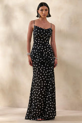 Virtue | Black & White Polka Dot Cowl-Neck Fishtail Maxi Dress With Split