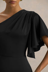 Unforgettable | Black Asymmetric-Neck Maxi Dress With Ruffled Detailing