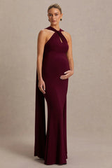 Lyra | Burgundy Cross Halter-Neck Maternity Maxi Dress With Cape