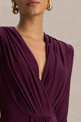 Flashy | Burgundy Plunge-Neck Maxi Dress With Ruched Detailing