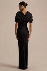 Yoli | Black Satin Maxi Dress With Removable Twist-Cape
