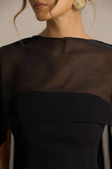 Chessa | Black Slashed-Neck Maxi Dress With Sheer Cape