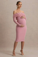 Adita | Blush Pink Mesh Floral Bardot Maternity Midi Dress