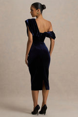 High End | Navy Velvet Asymmetric-Neck Midi Dress With Draped Detailing