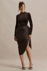 Sasha | Brown Satin And Velvet Midi Dress With Wrap-Detail