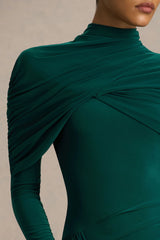 Aneira | Bottle Green High-Neck Maxi Dress With Cape Sleeves