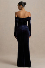 Countess | Navy Velvet Bardot-Neck Wrapped Maxi Dress With Front-High Split