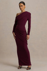 Perrie | Burgundy Asymmetric-Neck Maxi Dress With Ruched Detailing
