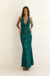 Tangled Vines Mesh Halter Maxi Dress Green