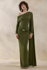 Bessy | Green Asymmetric-Neck Maxi Dress With Gathered-Detailing And Sash