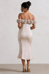Petunia | Champagne Satin Floral Bardot Midi Dress