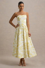 Bluebell | Lemon Porcelain Print Poplin Bandeau Drop-Waist Midi Dress