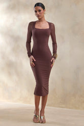 Off Track | Brown Bodycon Midi Dress With Sheer Sleeves
