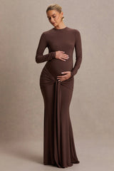 Aveny | Brown Crew-Neck Maternity Maxi Dress With Ruched-Detailing And Sash