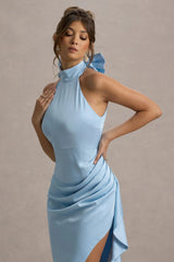 Maureen | Powder Blue Satin High-Neck Draped Maxi Dress