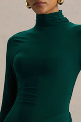 Betsy | Bottle Green High-Neck Maxi Dress With Front Split And Ruched Detailing