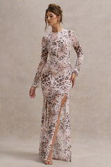 Tigerlily | Leopard Print Mesh Long-Sleeve Open-Back Maxi Dress