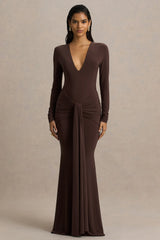 Saffie | Chocolate Extreme-Plunge Wrap Maxi Dress With Long-Sleeves And Ruched Detailing