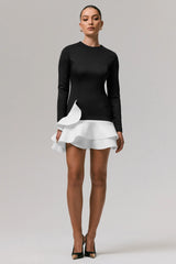Lucinda | Black & White Long-Sleeve Mini Dress With Ruffle Hem