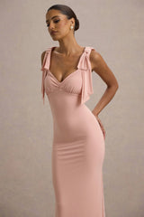 Evanna | Pink V-Neck Maxi Dress With Bow Straps