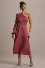 Haila | Rose Pink Satin One-Shoulder Midi Dress