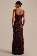 Gemini | Burgundy Floral Sequin Embellished Strappy Maxi Dress
