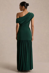Kady | Dark Green Asymmetric-Neck Maxi Dress With Ruched Detailing