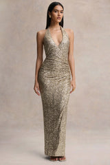 Gio | Champagne Sequin Plunge-Neck Wrap Maxi Dress With Ruched Detailing