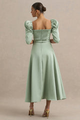 Rosey | Green Satin Sweetheart Midi Dress