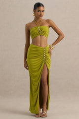 Coastline | Green Ruched Maxi Skirt With Split
