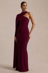 Dawn | Burgundy Asymmetric-Neck Maxi Dress With One Long-Sleeve And Cape