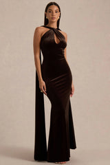 Layli | Brown Velvet Halter-Neck Maxi Dress With Cape