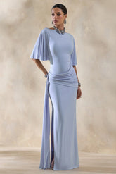 Emerelle | Powder Blue Wide-Neck Maxi Dress With Sash And Draped-Detailing