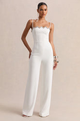Calira | White Scalloped Square-Neck Jumpsuit