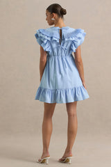 Judie | Blue Poplin V-Neck Ruffled Mini Dress